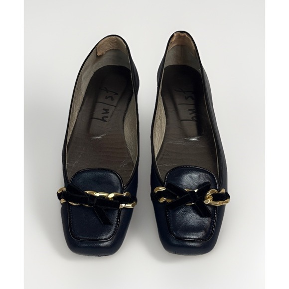 French Sole Shoes - French Sole Gleam Navy Blue Nappa Leather Square Toe Chain Bow Women's Size 5M